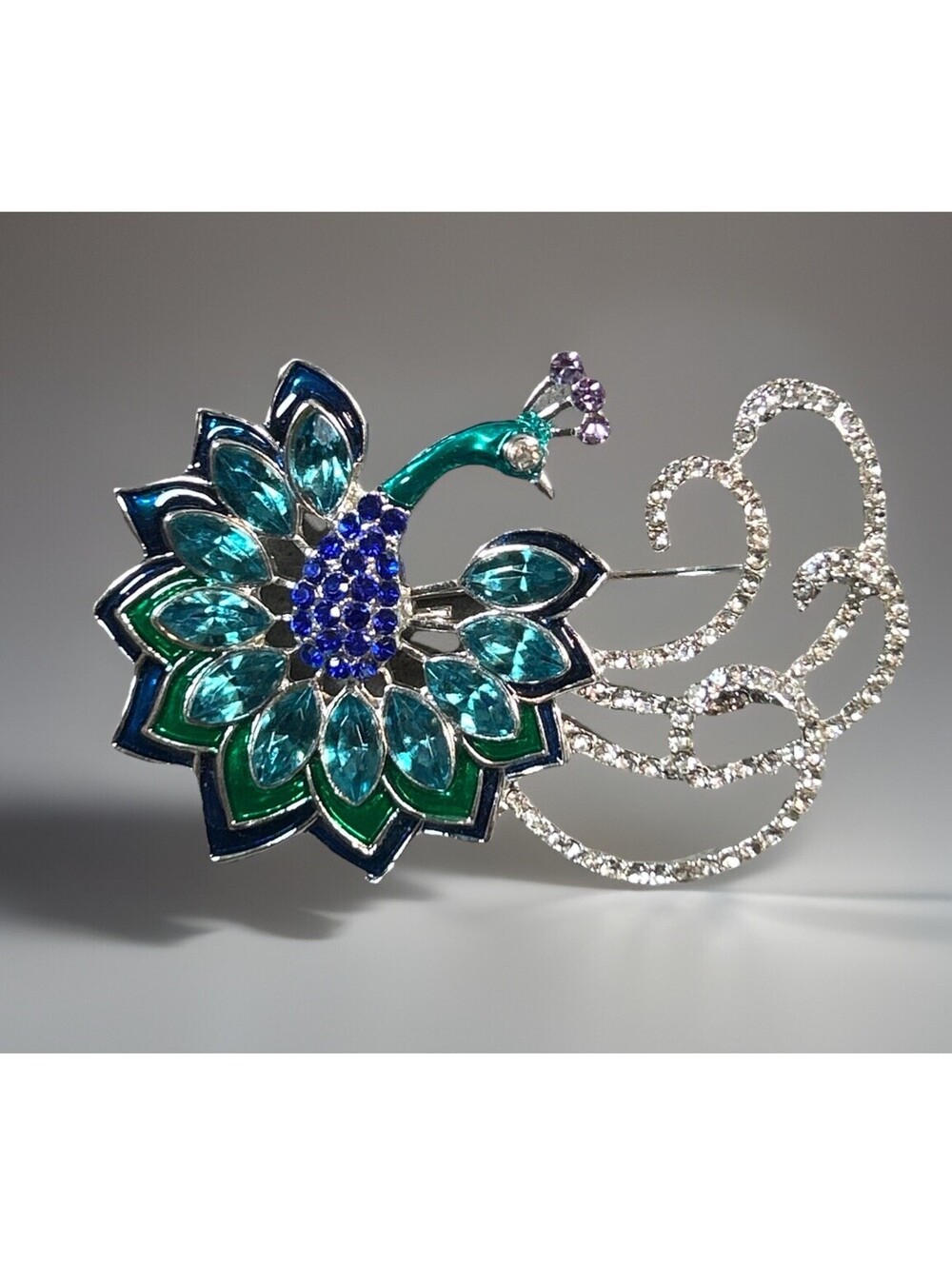Vintage Napier Sparkling Blue Rhinestone Jeweled Peacock Brooch Dress Pin